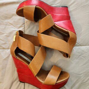 Diane Von Furstenberg DVF Opal Red Sole Heel Sandal Wedge Wooden Wood